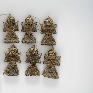 Vintage 1980s Gold Glittered Wire Mesh Angels Christmas Ornaments 6pcs
